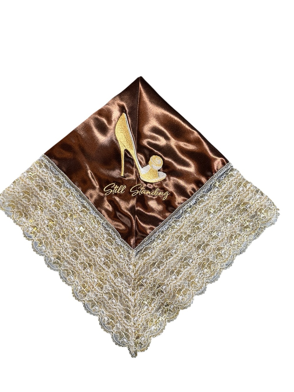 Brown Satin Embroidered Church Handkerchief with White and Gold Lace Trim
